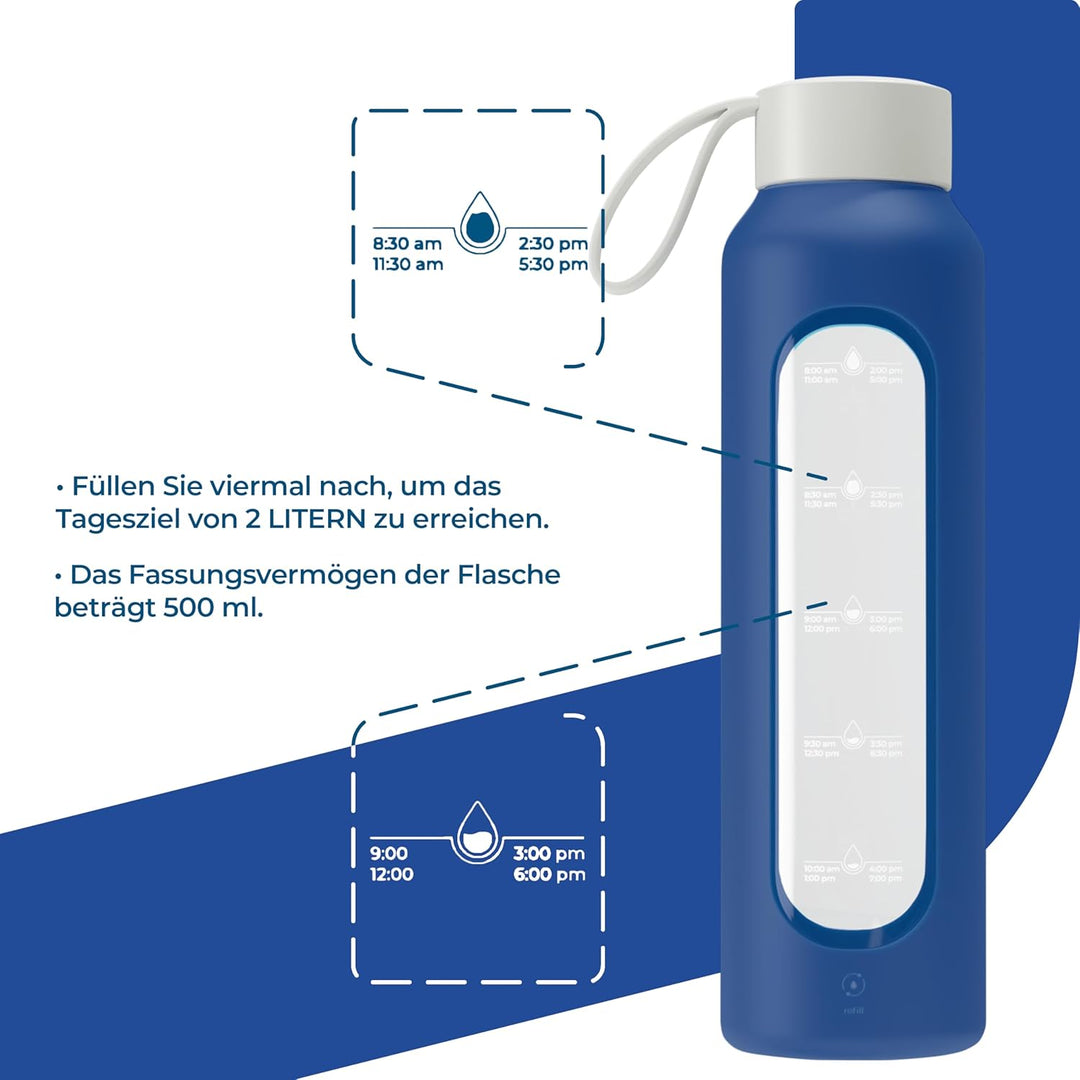 Wessper Trinkflasche Glas 500 ml, Motivations wasser glasflasche mit Hydrationsskala, borosilikatgla