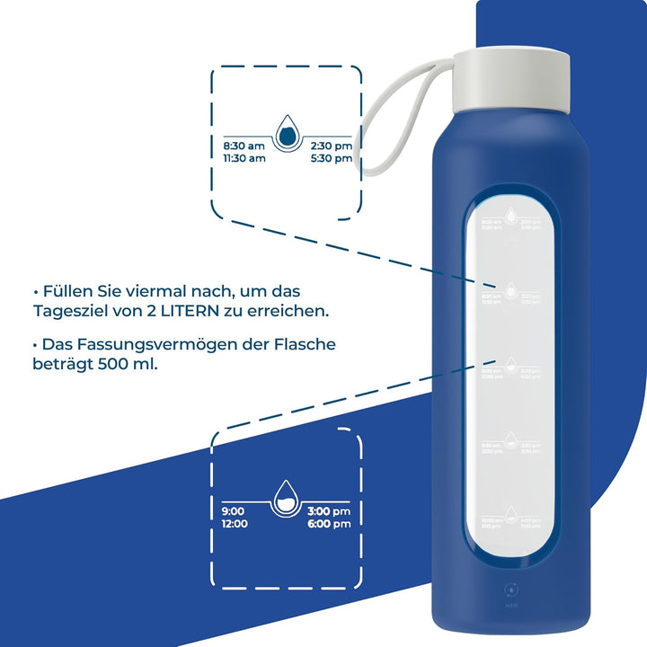 Wessper Trinkflasche Glas 500 ml, Motivations wasser glasflasche mit Hydrationsskala, borosilikatgla
