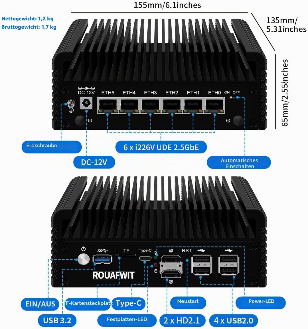 ROUAFWIT Micro Firewall N100 12TH Gen Fanless Mini PC, DDR5 8GB RAM 128GB SSD Router Appliance Compu