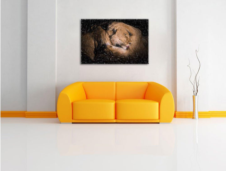 Pixxprint Männer & Frauen Löwe kuscheln als Leinwandbild/Grösse: 100x70 / Wandbild/Kunstdruck/fertig