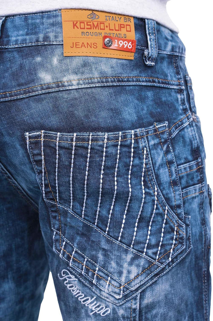 Herren Jeans Regular Fit 5-Pocket mit Knopfleiste | Kontrastnaht in Weiss und Orange, Mehrfach-Zippe