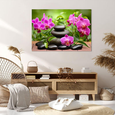 Bilder auf Leinwand 100x70cm Leinwandbild Blumen Steine Bambus Dekoration Gross Wanddeko Bild Schlaf