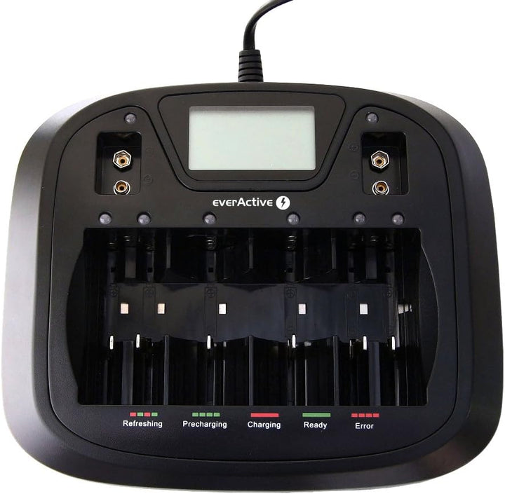 everActive Ladegerät für 8 Akkus AAA AA C D 9V, universal und schnell, vollautomatisch, LCD mit proz