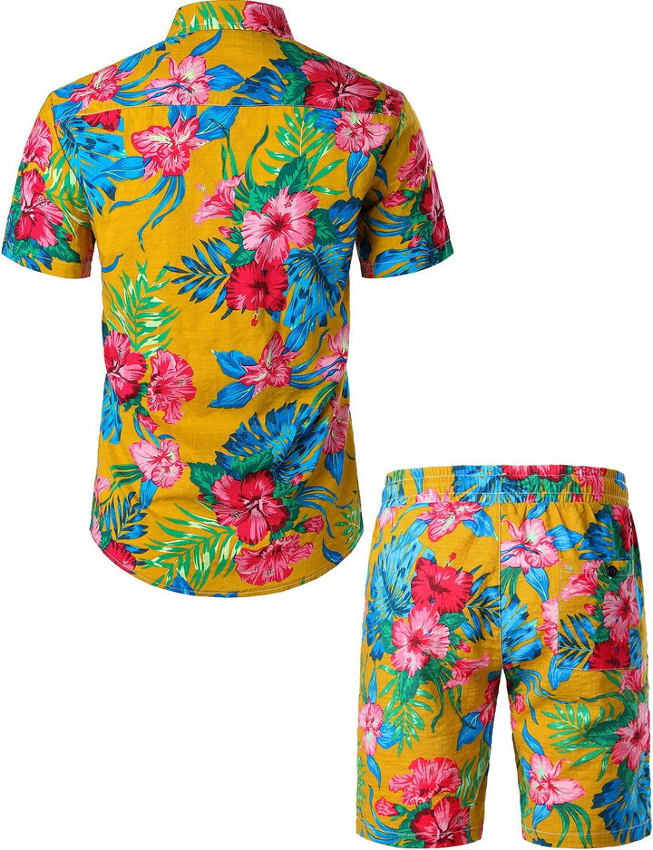 JOGAL Herren Casual Floral Blumenmuster Kurzarm Hawaiihemd Ingwer Gelb XXL, Ingwer Gelb XXL