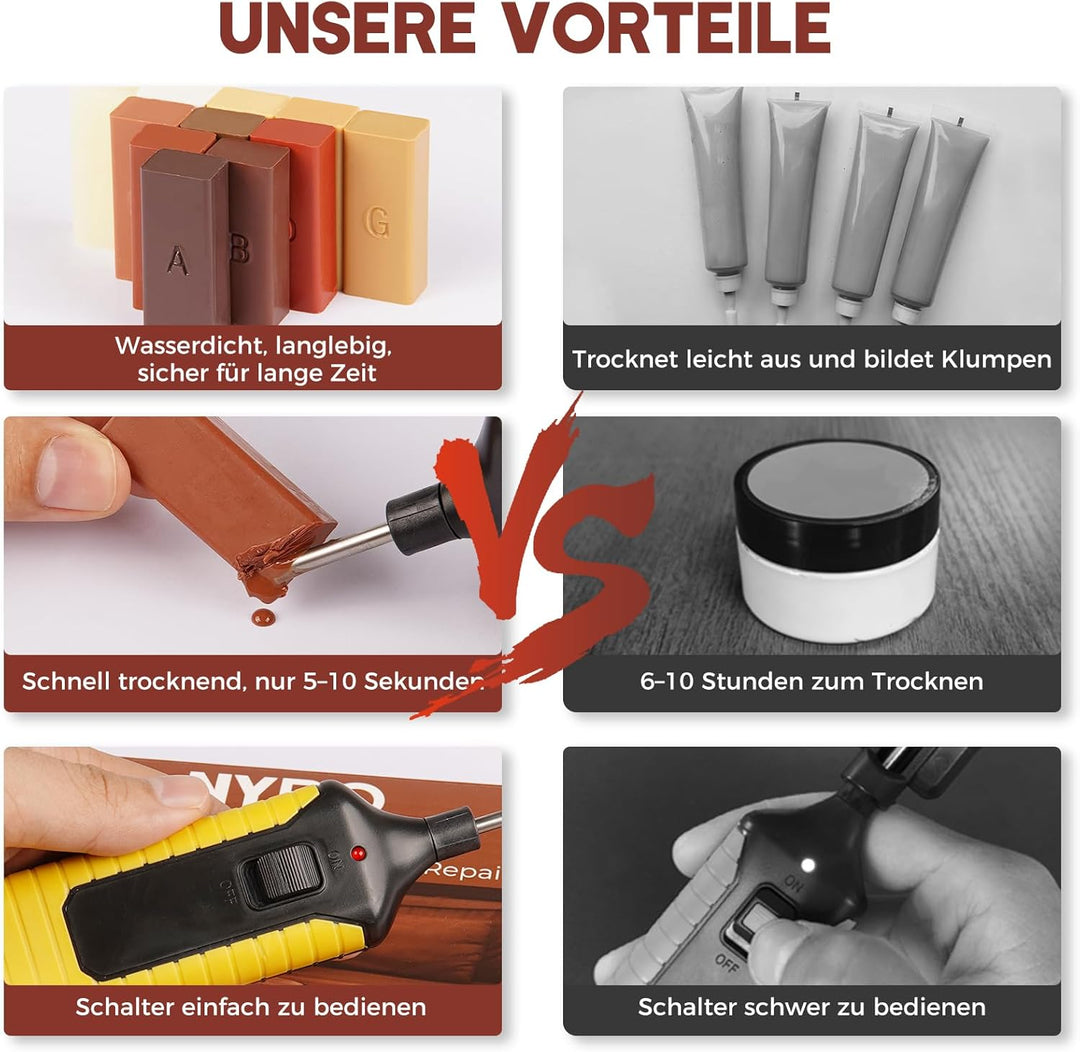 NYBQ Laminat Reparaturset, 24 Stück Holz Parkett Reparaturset Neuem Upgrade-Schmelzwerkzeug, 11 Farb
