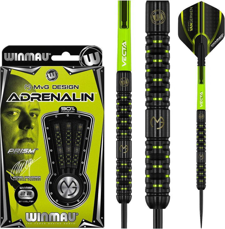 WINMAU Michael Van Gerwen MvG Adrenalin Tungsten Steeltip Darts-Set mit Prismen-Flights und Vecta-Sc