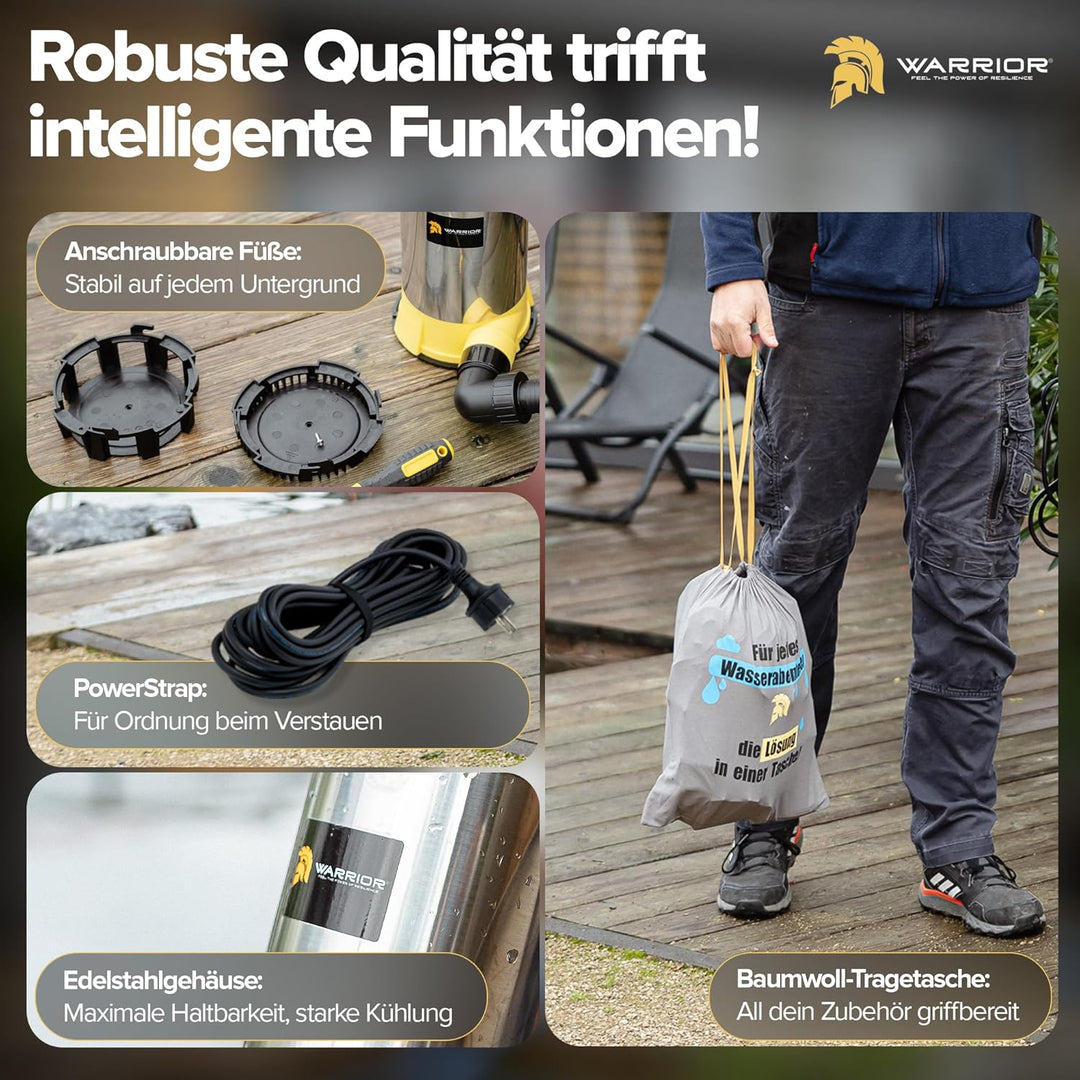 WARRIOR® 3in1 Schmutzwasserpumpe flachsaugend [TESTSIEGER] SentinelFlat Pro 1100W mit SnapLock-Syste