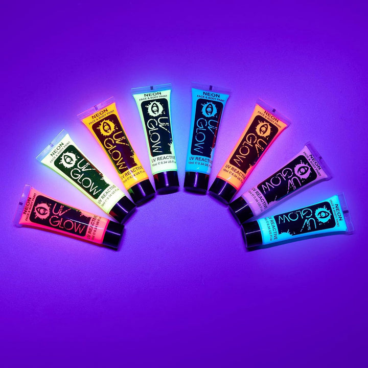 24 x 10ml UV-Bodypaint Körpermalfarben Schwarzlicht fluoreszierende Schminke Bodypainting Neon Farbe