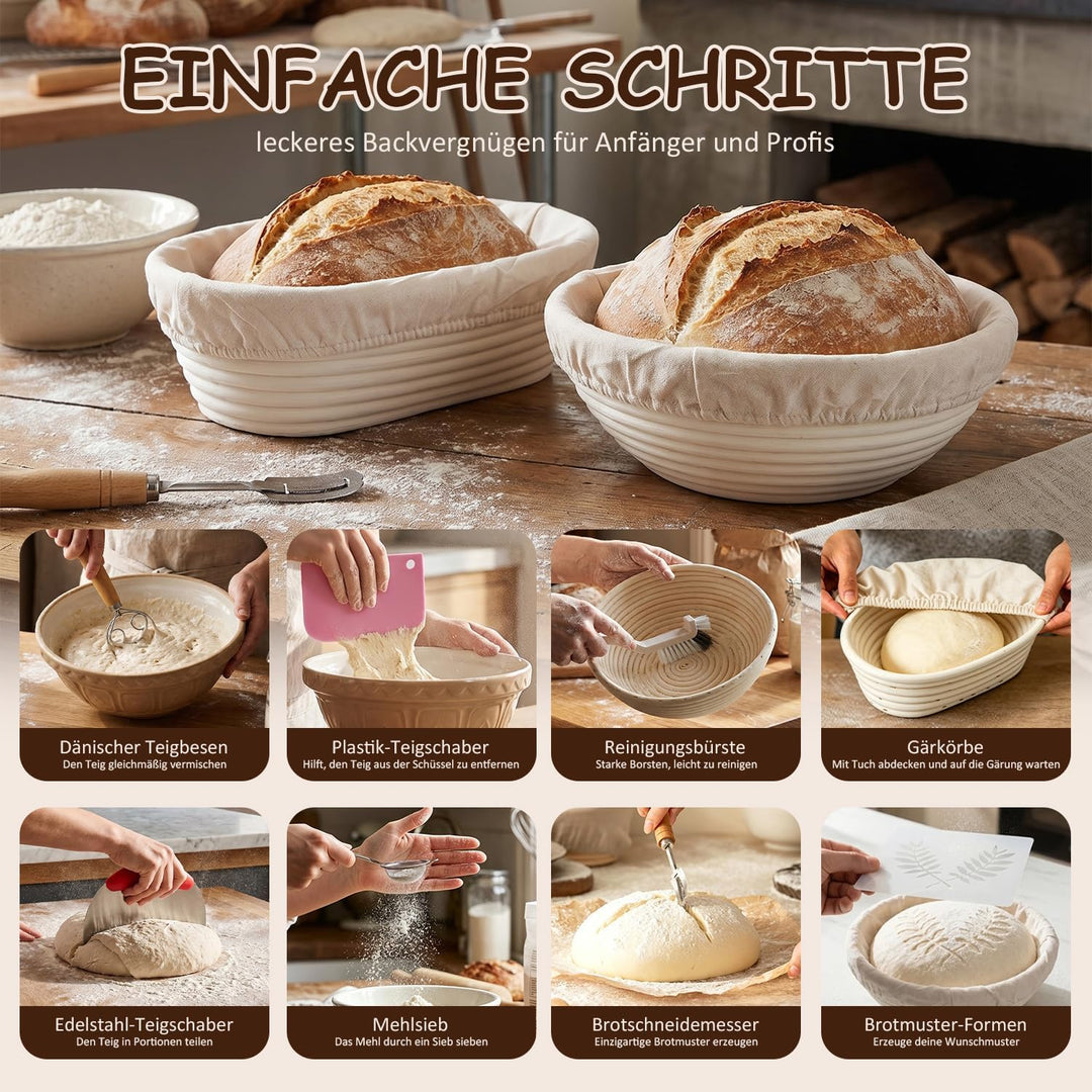 DARDVORLAG Sauerteig Starter Set,15 Teilig Gärkörbchen Brot Set mit Oval & Rund Gärkorb,Teigschaber,
