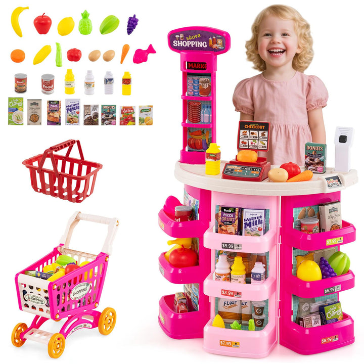 COSTWAY Kaufladen mit Einkaufswagen, Kinder Kaufmannsladen mit Waage, Regalen, Scanner mit Licht & S