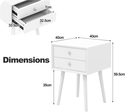KOMFOTTEU Nachttisch mit Beinen aus Massivholz, Nachtschrank mit 2 Schubladen, skandinavisches Beist