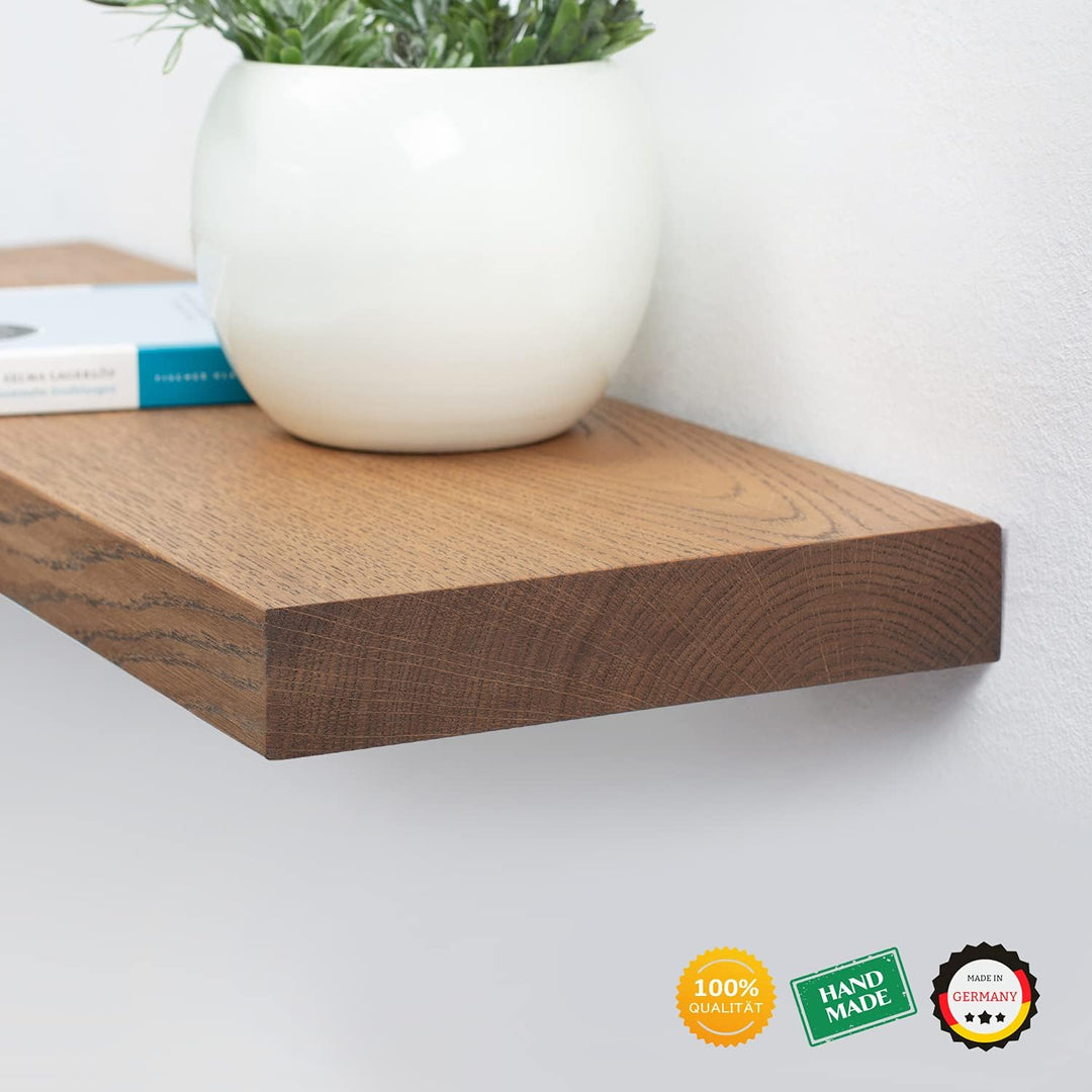 Rikmani Wandregal Holz Eiche massiv dunkel - Handgefertigtes Regal Bücherregal Holzregal Wandboard H