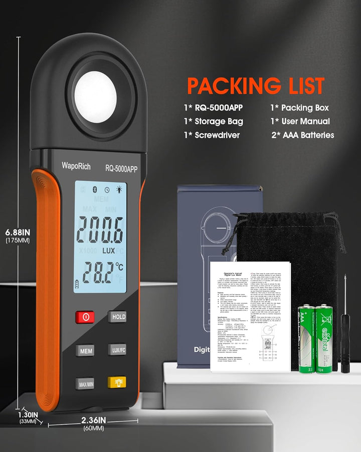 Luxmeter Bluetooth Lichtmessgerät, WapoRich Digital Light Meter Belichtungsmesser Misst 1~400,000Lux