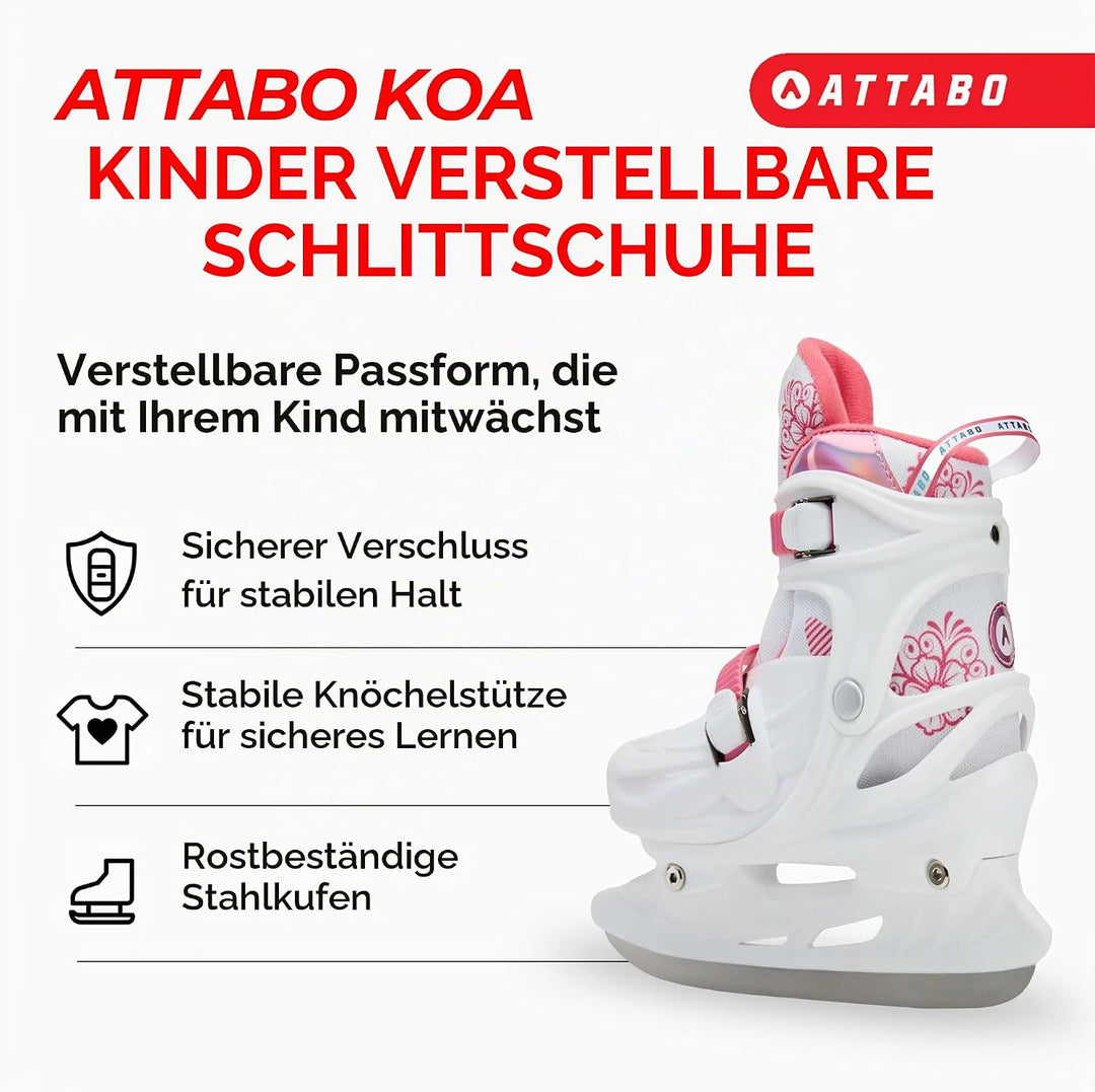 ATTABO KOA Kinder verstellbare Schlittschuhe | Freizeit Eislaufschuhe | PVC &amp; PP Hartschale | Edelst