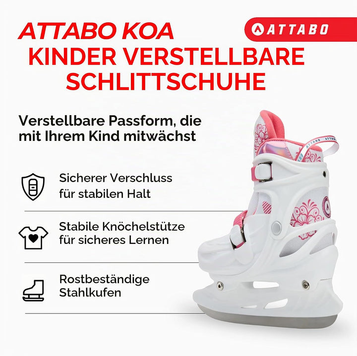ATTABO KOA Kinder verstellbare Schlittschuhe | Freizeit Eislaufschuhe | PVC &amp; PP Hartschale | Edelst