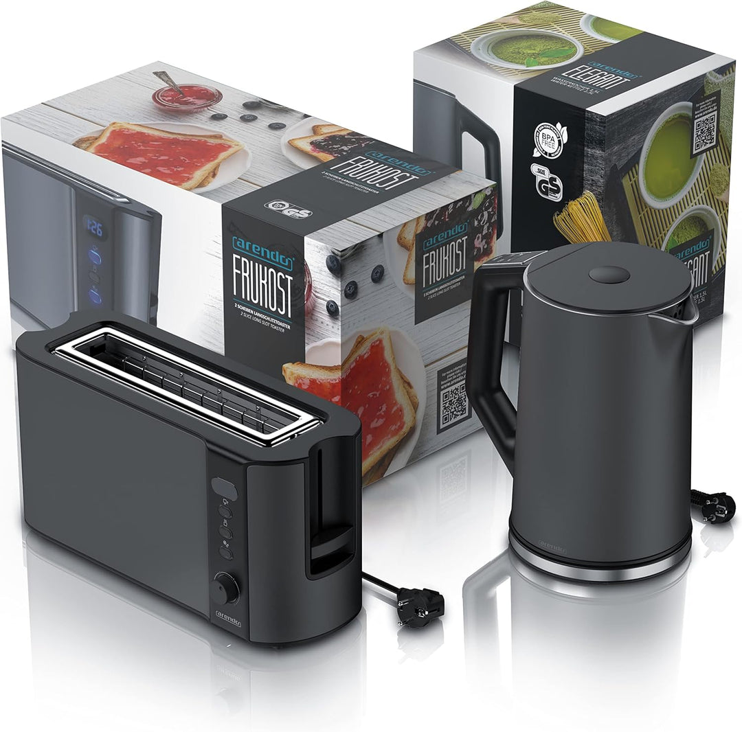 Arendo - Wasserkocher und Toaster im SET Edelstahl Cool Grey, Wasserkocher 1,5L 40°-100°C Warmhaltef