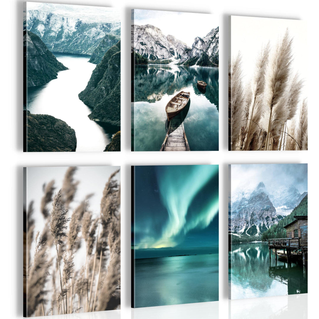 Novart Wandbilder Set - KOMPLETT AUFHÄNGFERTIG - Made in Germany - Moderne Bilder Natur Berge See Wo