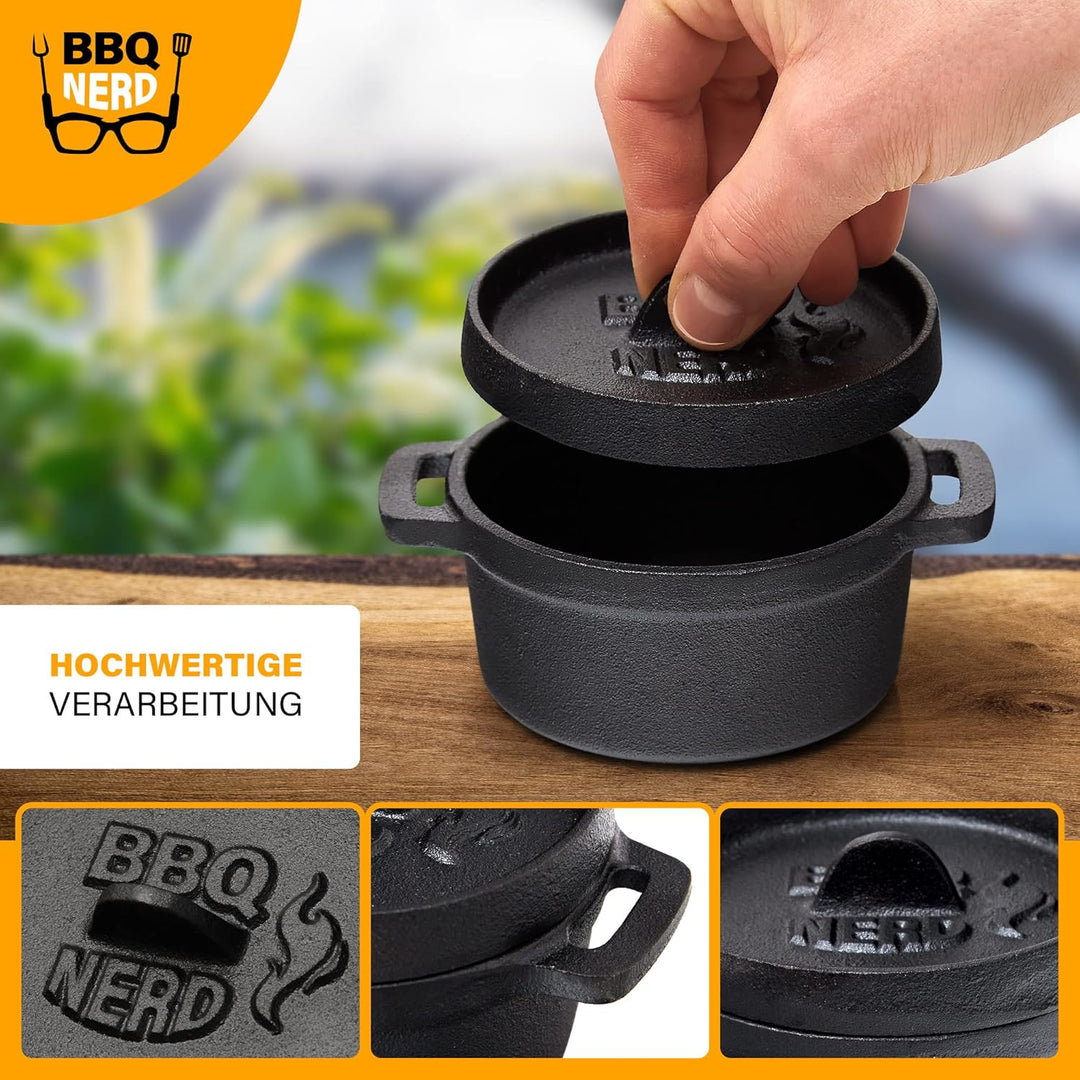 BBQ-Nerd© 6er Set Mini Dutch Oven | Kleiner Gusseisentopf mit Deckel 11x5cm für Grill, Feuerstelle,