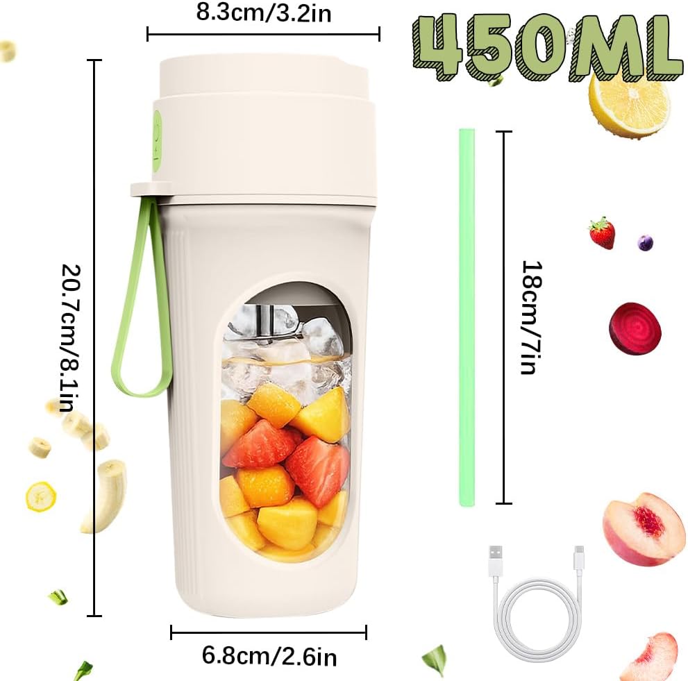 Tragbarer Mixer Smoothie Maker, 450ml Mini Mixer Smoothie Maker To Go mit 12-Blatt-Edelstahlklinge,