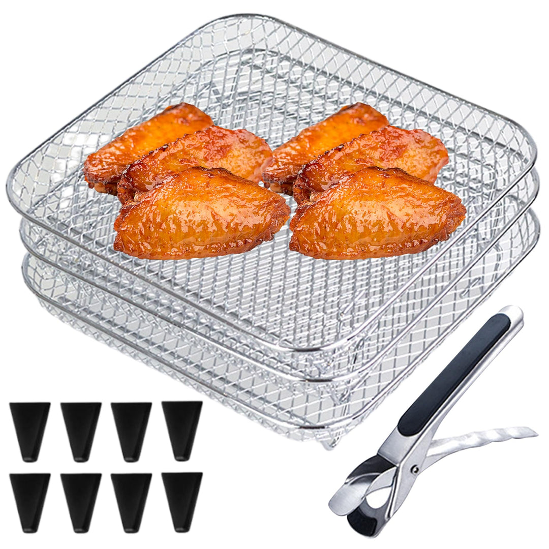 Luftfritteusen-Regal, Edelstahl, 3-lagig, stapelbares Luftfritteusen-Regal mit 8 Silikonfüssen, für