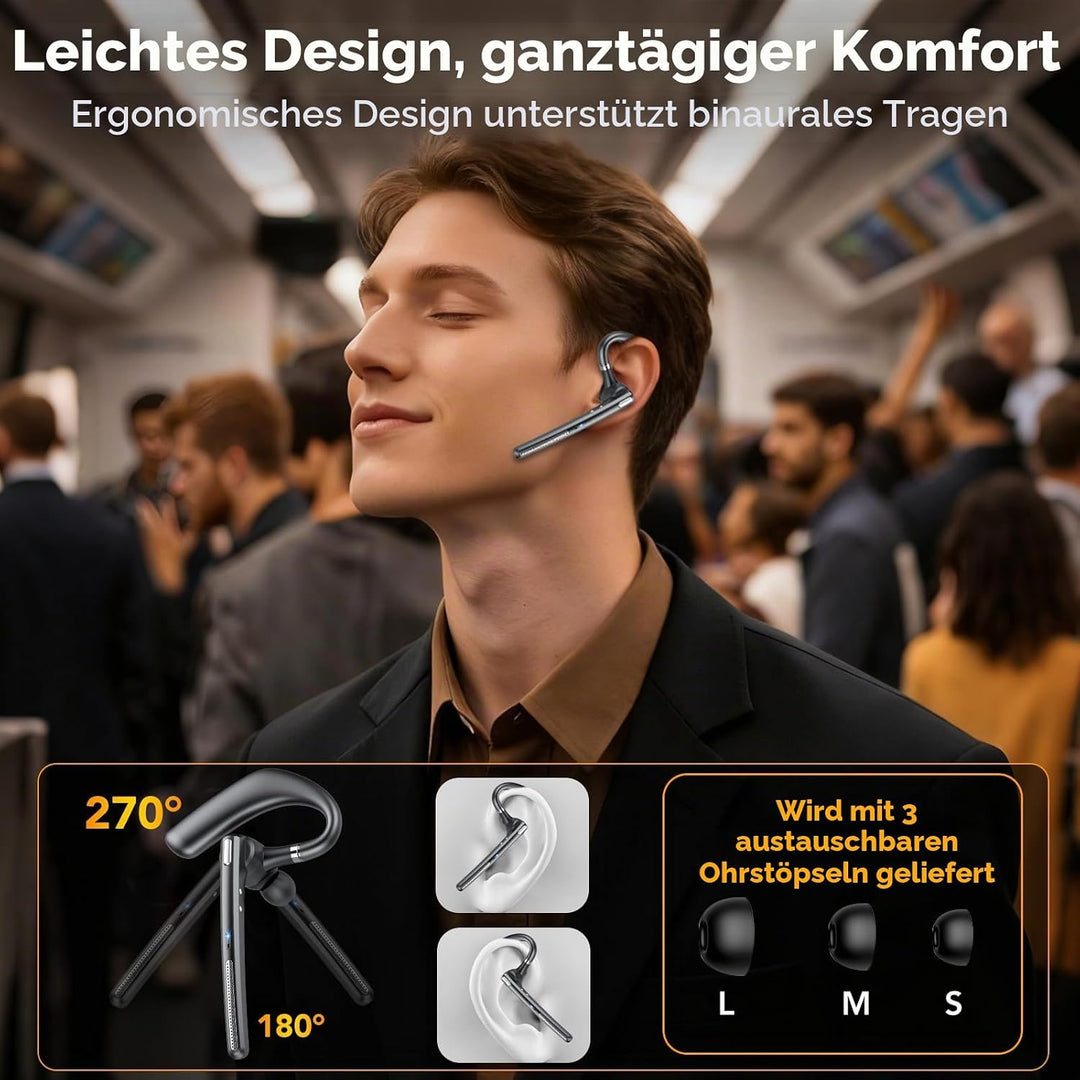 Bluetooth Headset V5.4, 100 Std Freisprecheinrichtung Wireless Headset mit LED-Ladebox, ENC Dual Ger