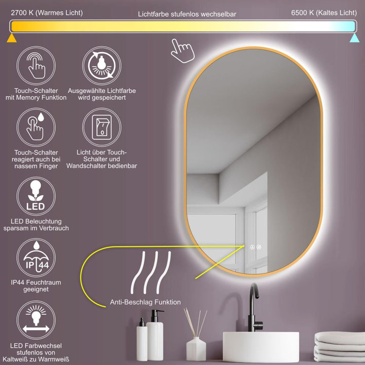 HOKO Design LED Antibeschlag Badspiegel oval 50x90 cm / 90x50 cm Carrara mit Metall Rahmen Gold. HOC