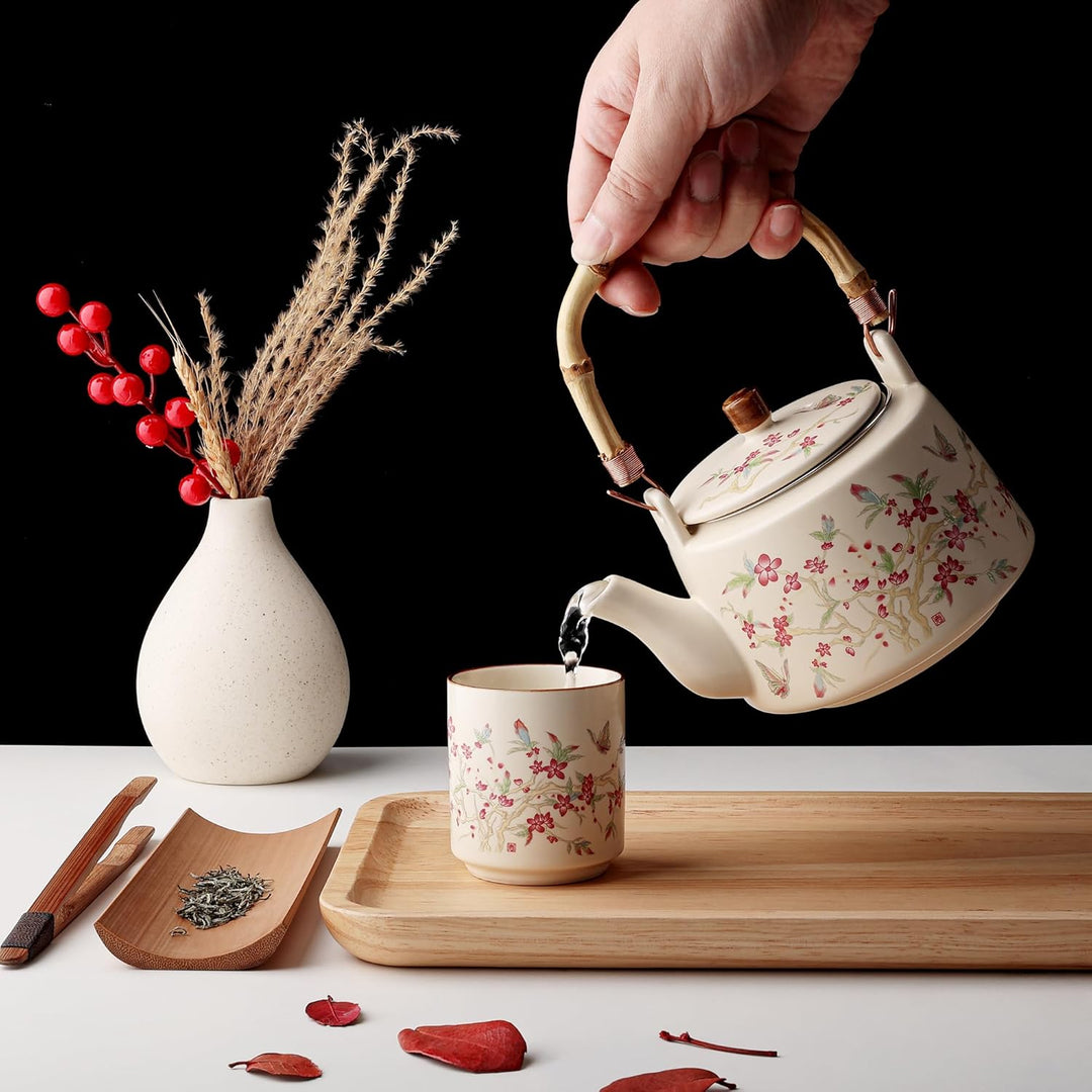 fanquare Teeservice mit Blumenmuster Gelb glasierte Porzellan Teekanne mit Sieb Japanische Teekanne