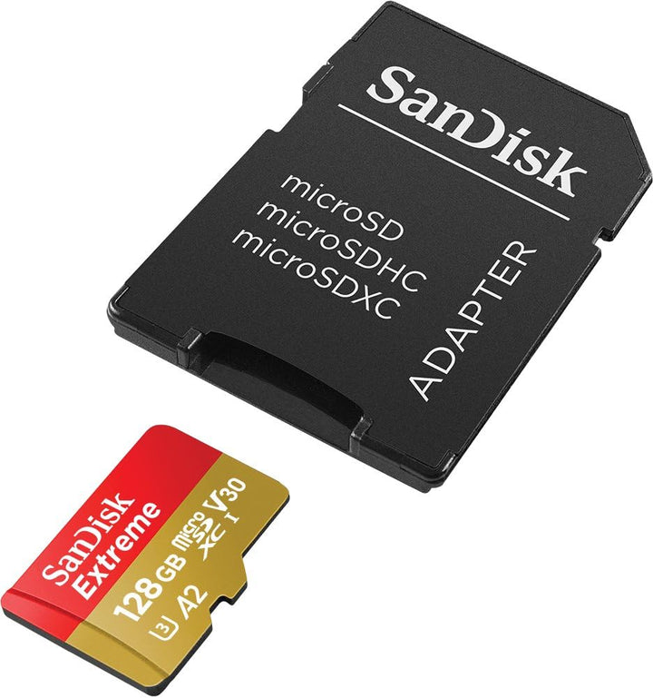 SanDisk Extreme microSDXC UHS-I Speicherkarte 128 GB für Actioncams und Drohnen + Adapter + RescuePR