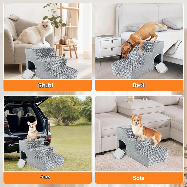 Hundetreppe 3-stufig mit Katzen-Schlafnische und Hunderampe. rutschfeste Treppe aus hochdichtem Scha