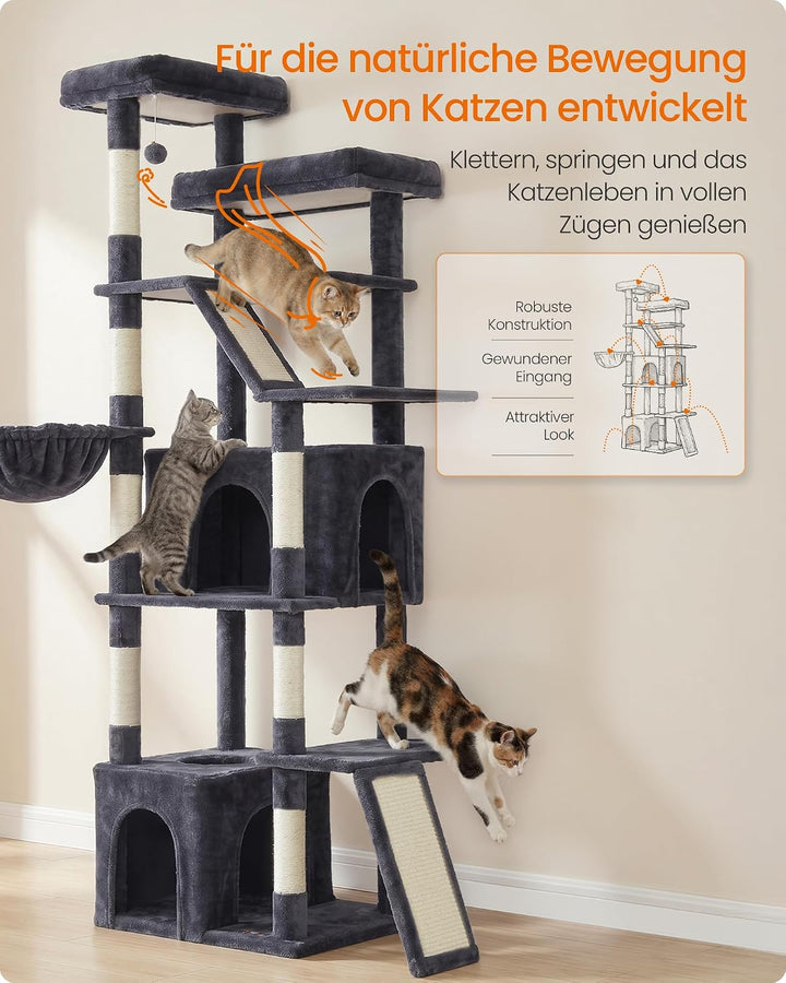 Feandrea Kratzbaum gross, 184,5 cm hoch, Katzenbaum, Katzenkratzbaum, mit 7 Kratzsäulen, 2 Kratzbret