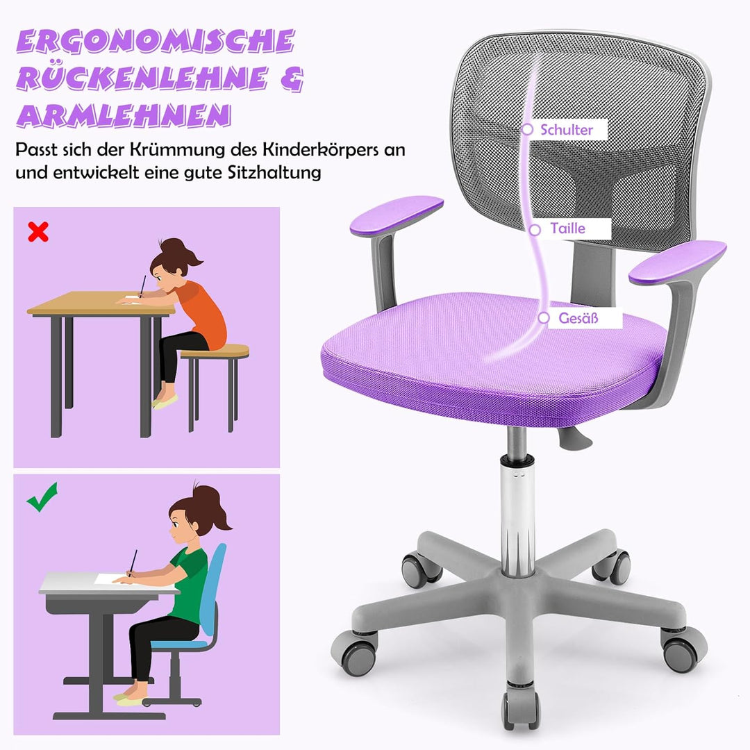 COSTWAY 360° Drehbarer Kinderschreibtischstuhl, 80-91,5 cm Höhenverstellbarer Jungendstuhl mit Rücke