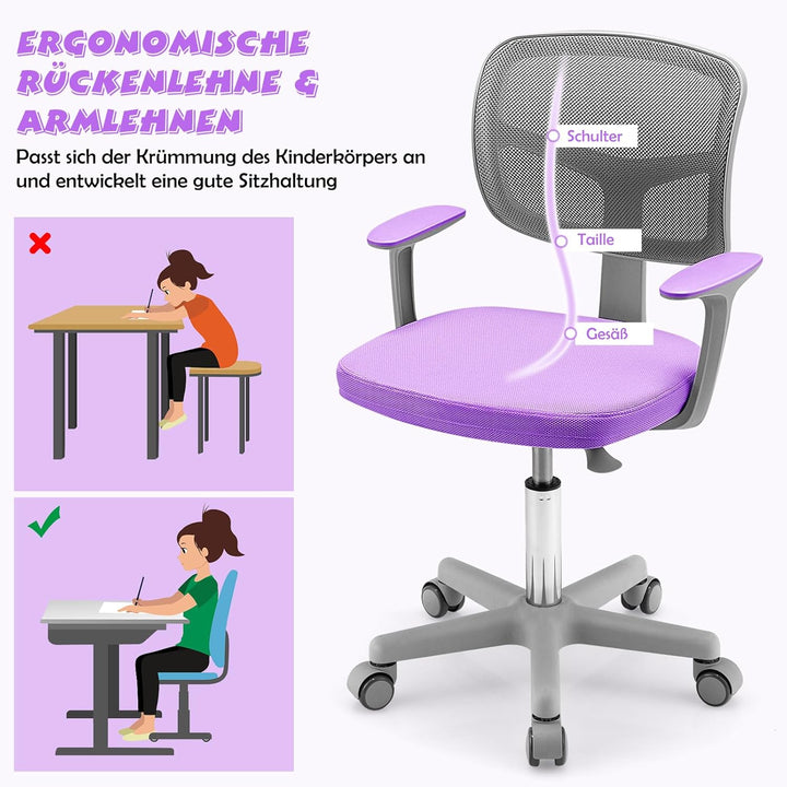 COSTWAY 360° Drehbarer Kinderschreibtischstuhl, 80-91,5 cm Höhenverstellbarer Jungendstuhl mit Rücke