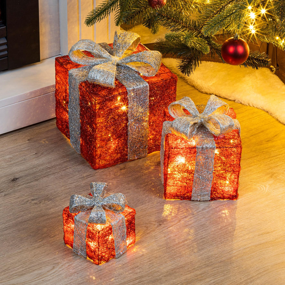 LED Geschenkboxen mit Timer 3er Set - ROT/GRAU - Weihnachts Dekoboxen warm weiss beleuchtet - Weihna