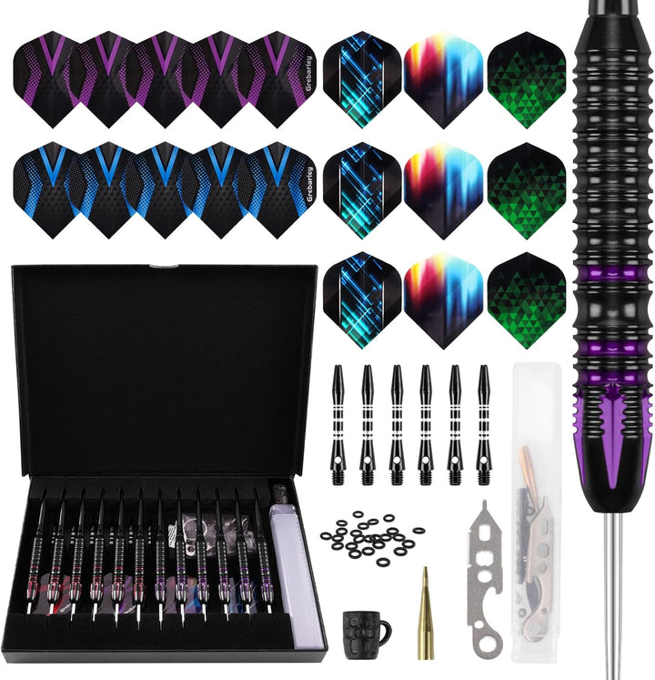 Grebarley Dartpfeile mit Metallspitze,12 Stück Profi Steeldarts 18 Aluminium Schaft mit 9 Flights 20