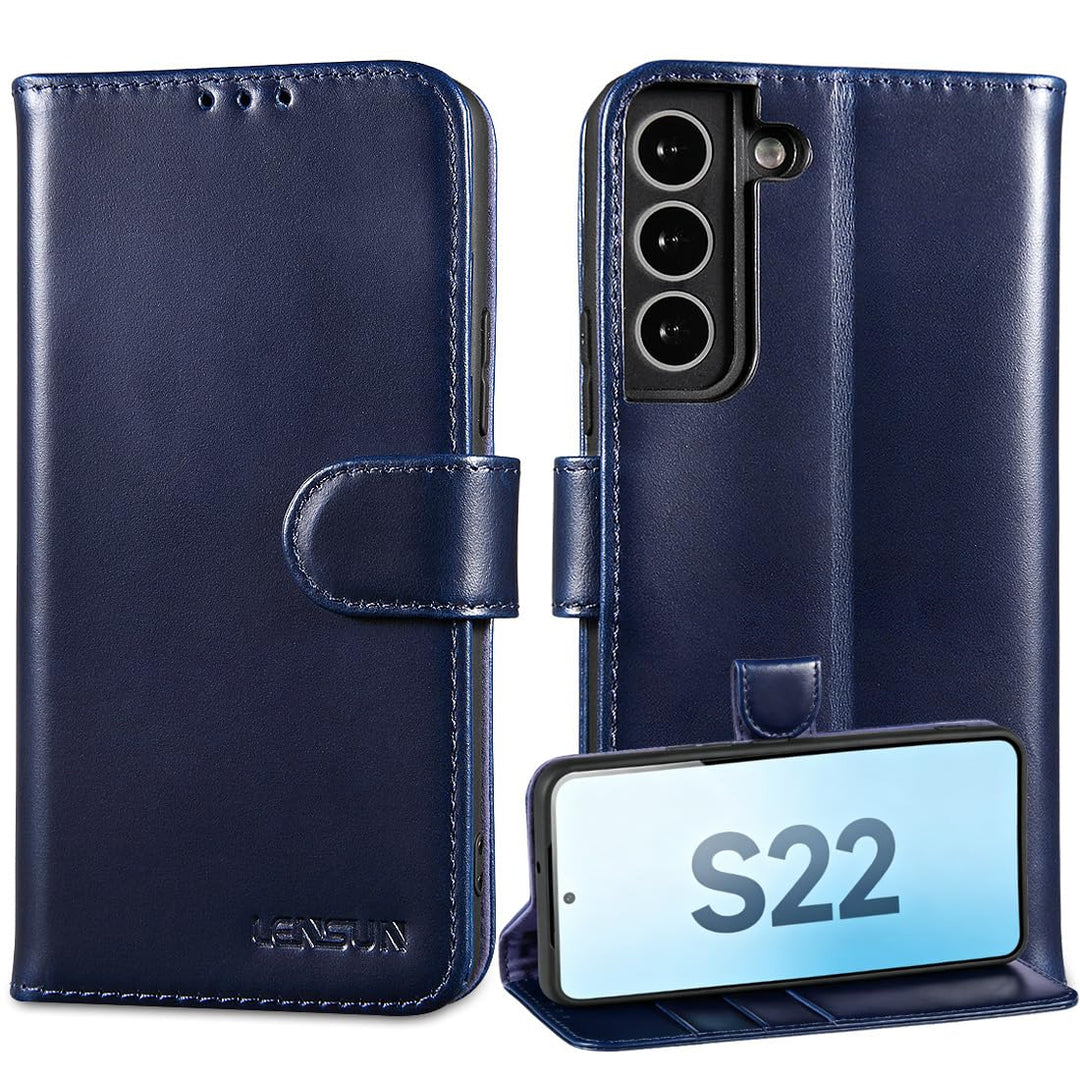 LENSUN Echtleder Hülle für Samsung Galaxy S22, Handyhülle Echtes Leder Magnetverschluss Standfunktio