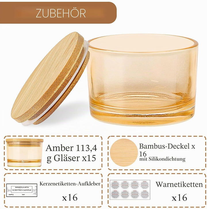 CONNOO 15 Stück 120 ml Amberfarbene Kerzengläser mit luftdichten Bambusdeckeln zum Kerzenmachen, wei