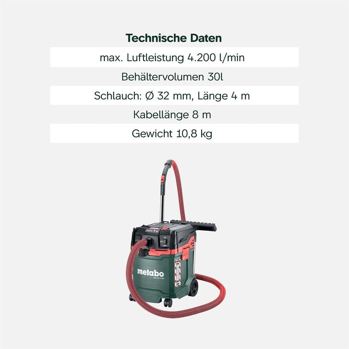 Metabo ASA 30 H PC Allessauger – 602088000 – Nass-/Trockensauger mit integrierter Filterabreinigung