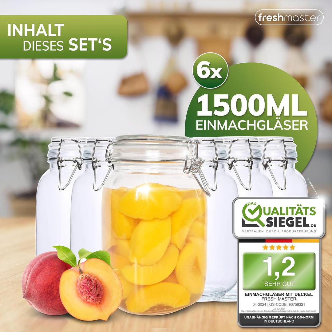 freshmaster Einmachgläser mit Deckel - Set aus bruchsicherem Glas mit Spezialdichtung und Edelstahl