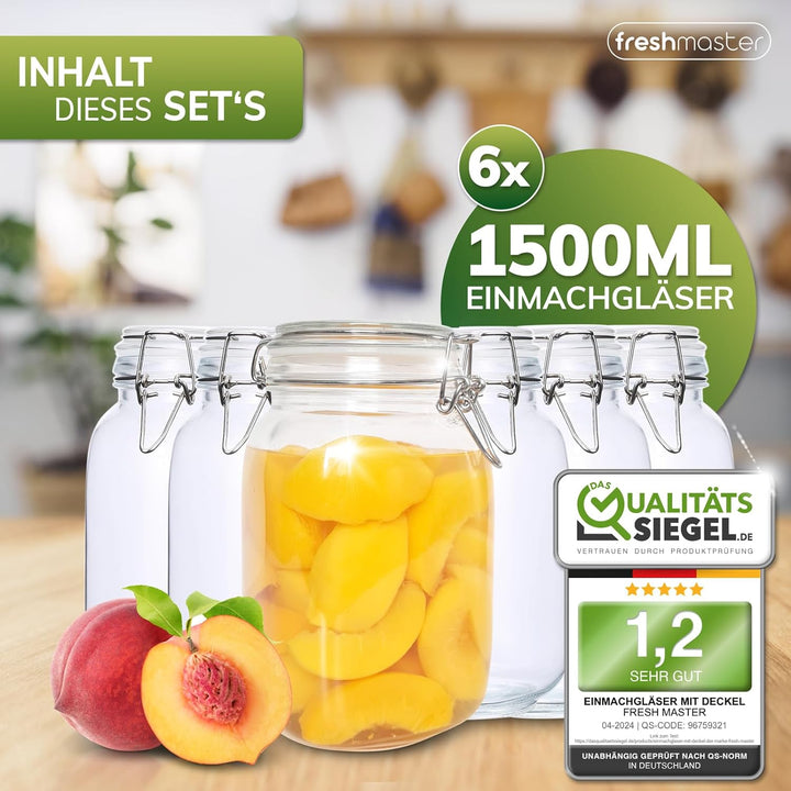 freshmaster Einmachgläser mit Deckel - Set aus bruchsicherem Glas mit Spezialdichtung und Edelstahl