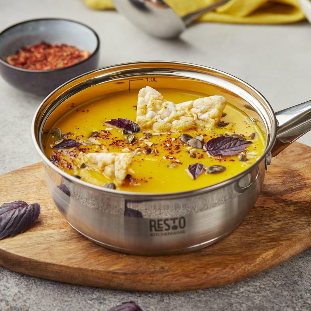RESTO Kochtopf 1l, Bratentopf 16 cm– Saucepan Stielkasserolle aus Edelstahl mit hitzebeständigem Gla