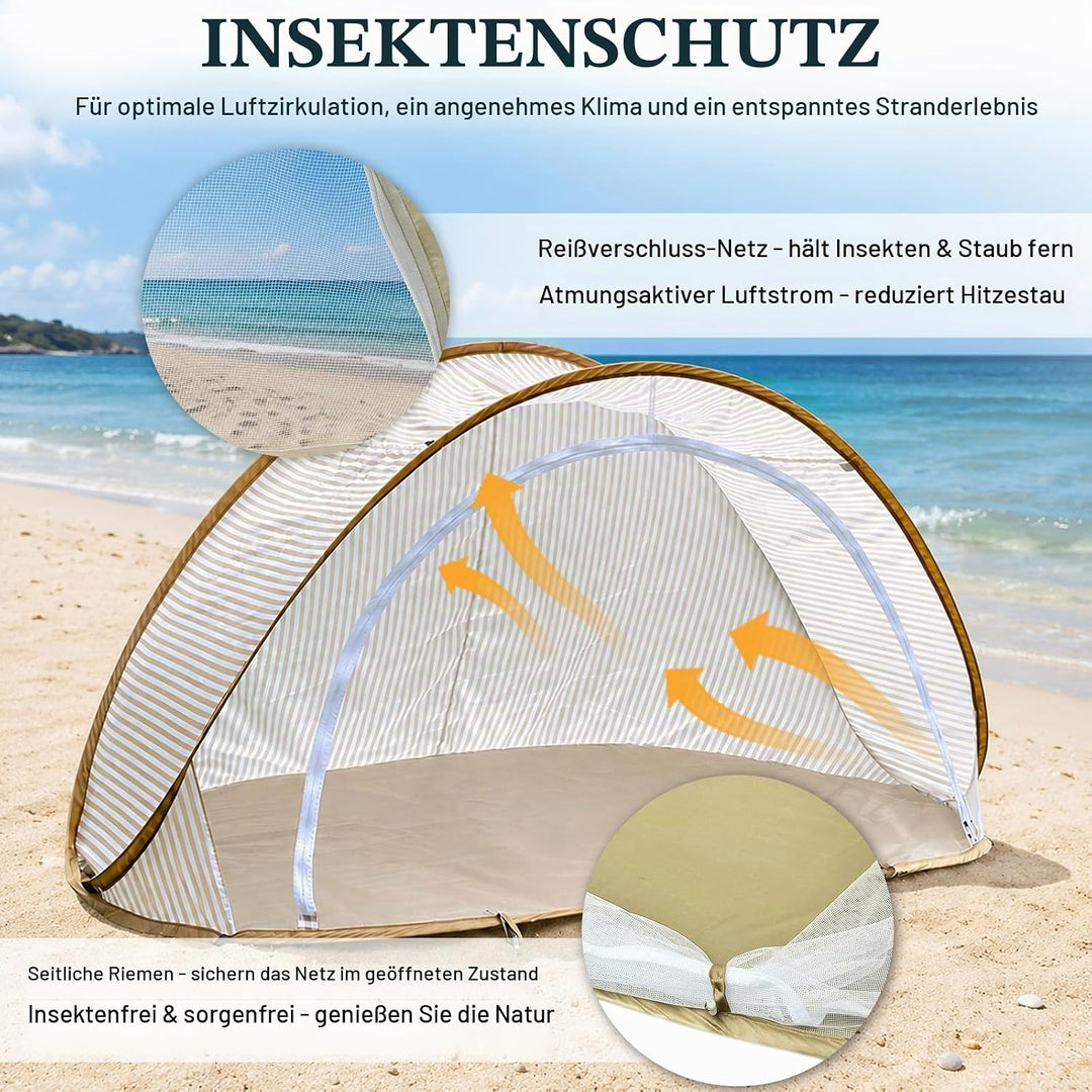Strandmuschel Pop Up – Grosses, Tragbares Strandzelt für 3-4 Personen, Automatischer Aufbau, Sonnens