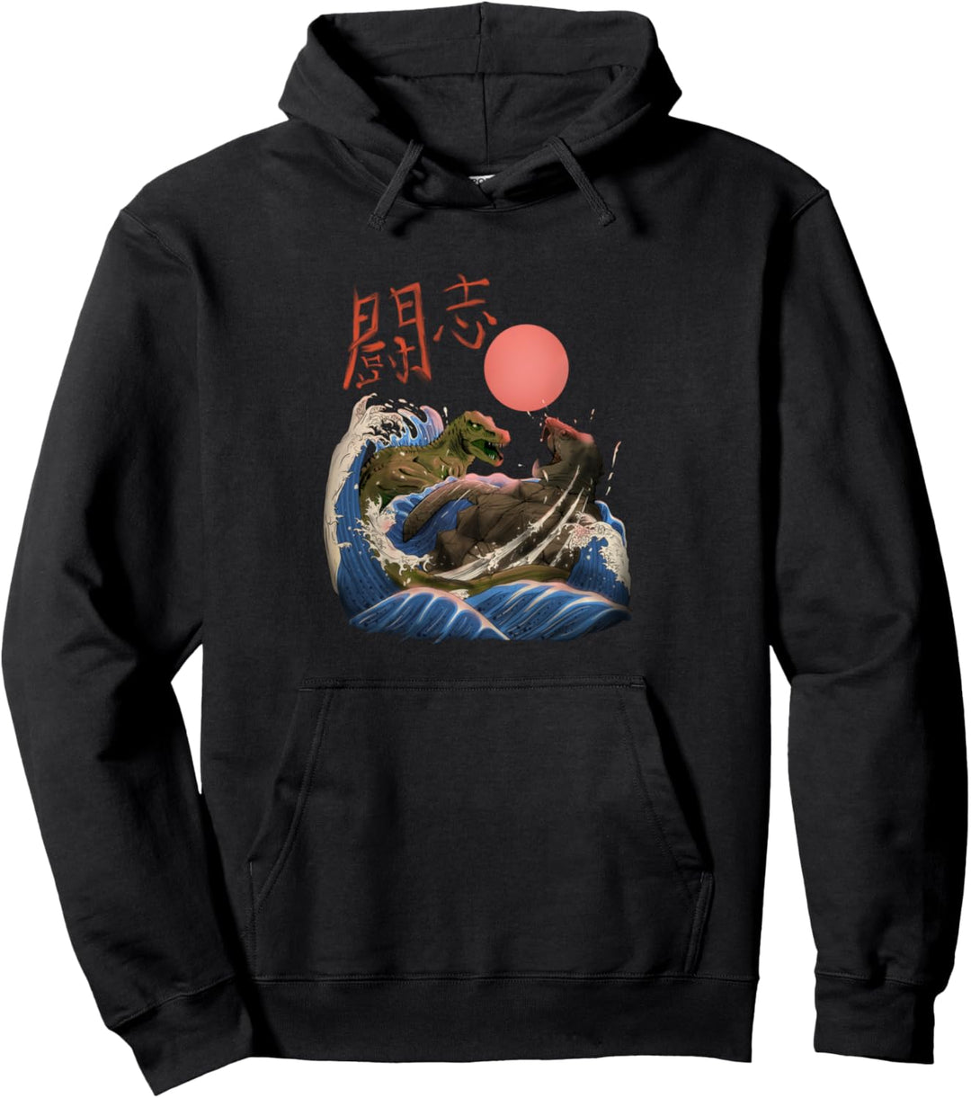 Dino in Japan Kanagawa Welle mit Kanji Dinosaurier Kaiju Pullover Hoodie