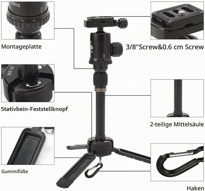 Sirui AM-35K Ministativ mit Kugelkopf und Mittelsäule, schwarz, Gross, Gross