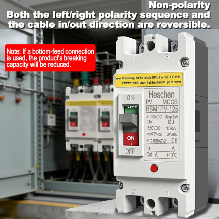 Heschen DC-Leistungsschalter MCCB, 2-polig, DC550V, Photovoltaik-Leistungsschalter, für PV-Solaranla