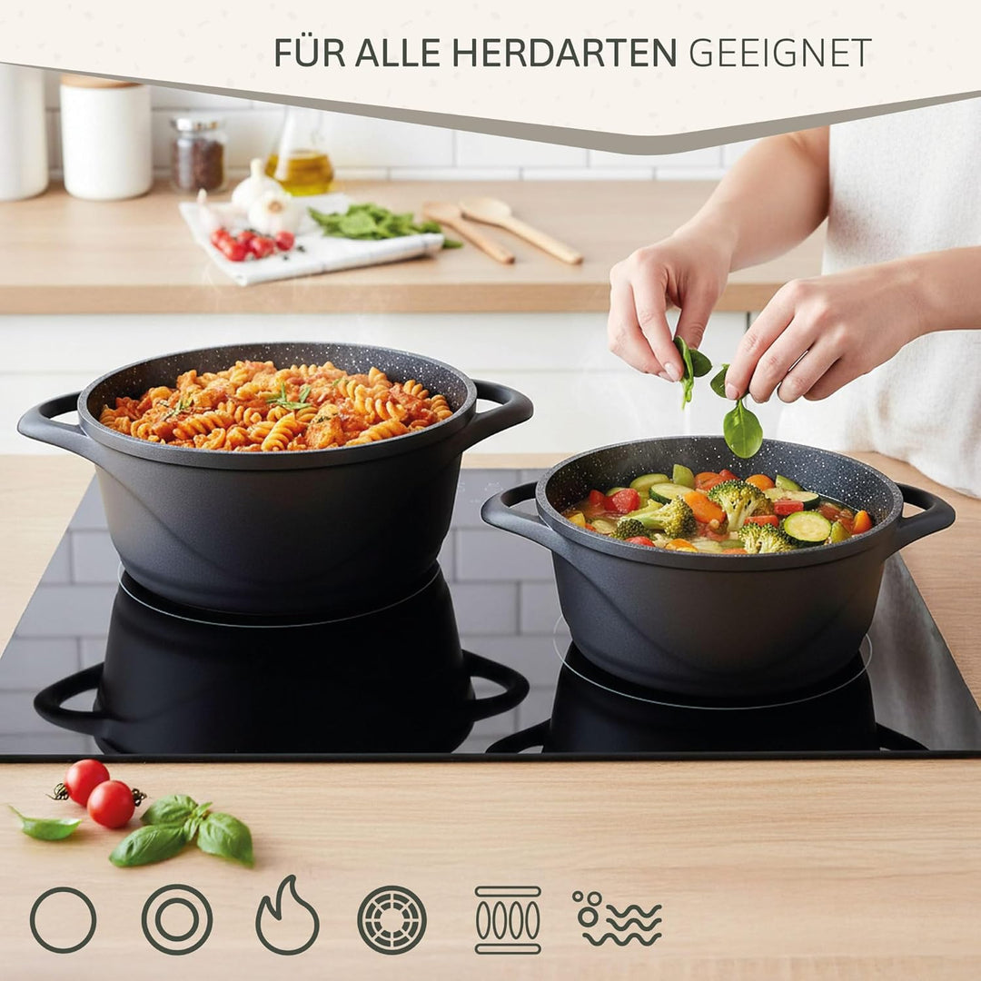 briebe Topfset Induktion 8-Teilig, Kochtopf Set 4 Töpfen aus Aluminiumguss, Antihaftbeschichtung ILA