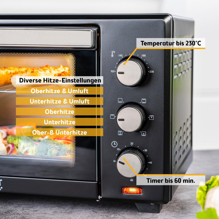 TZS First Austria - 30 Liter Minibackofen mit 1600 Watt schwarz| Unter-Oberhitze bis 230 Grad stufen