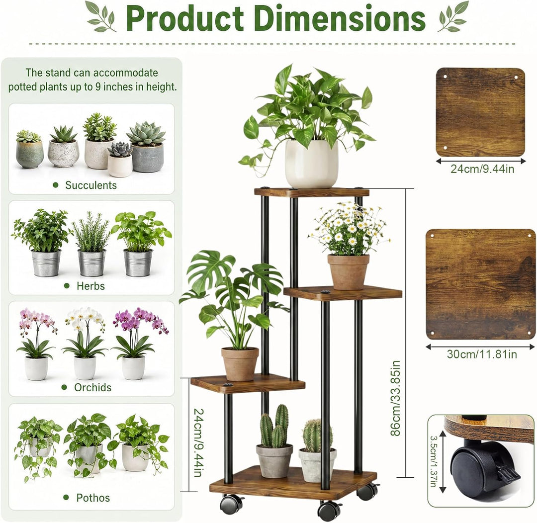 Blumenständer mit Rollen, 4 Etagen Pflanzenständer aus Metall und Holz, Platzsparend Indoor Pflanzen