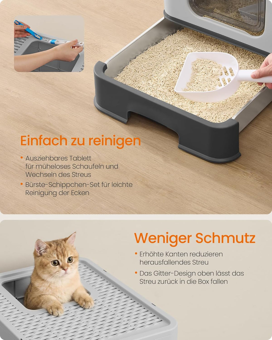 Feandrea Katzenklo Edelstahl, Katzentoilette, mit Deckel, ausziehbares Tablett, Schaufel, Bürste, fü