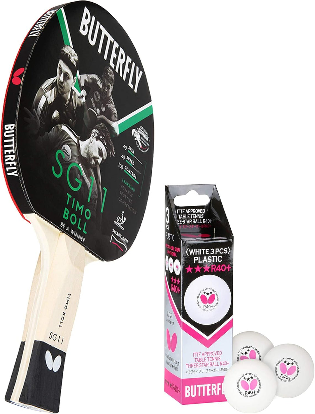 Butterfly Timo Boll SG11 Tischtennisschläger + 3*** ITTF R40+ Tischtennisbälle | Tischtennisschläger