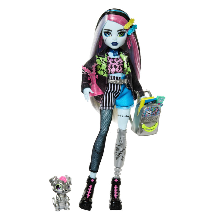 Monster High Frankie Stein-Puppe in Jeansjacke und Shorts, zum Lieferumfang gehören auch ihr Hund Wa